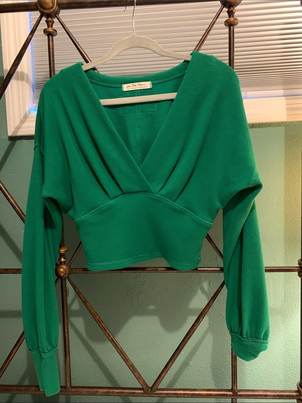 Free People Emerald Green V-Neck Long Sleeve Crop Top